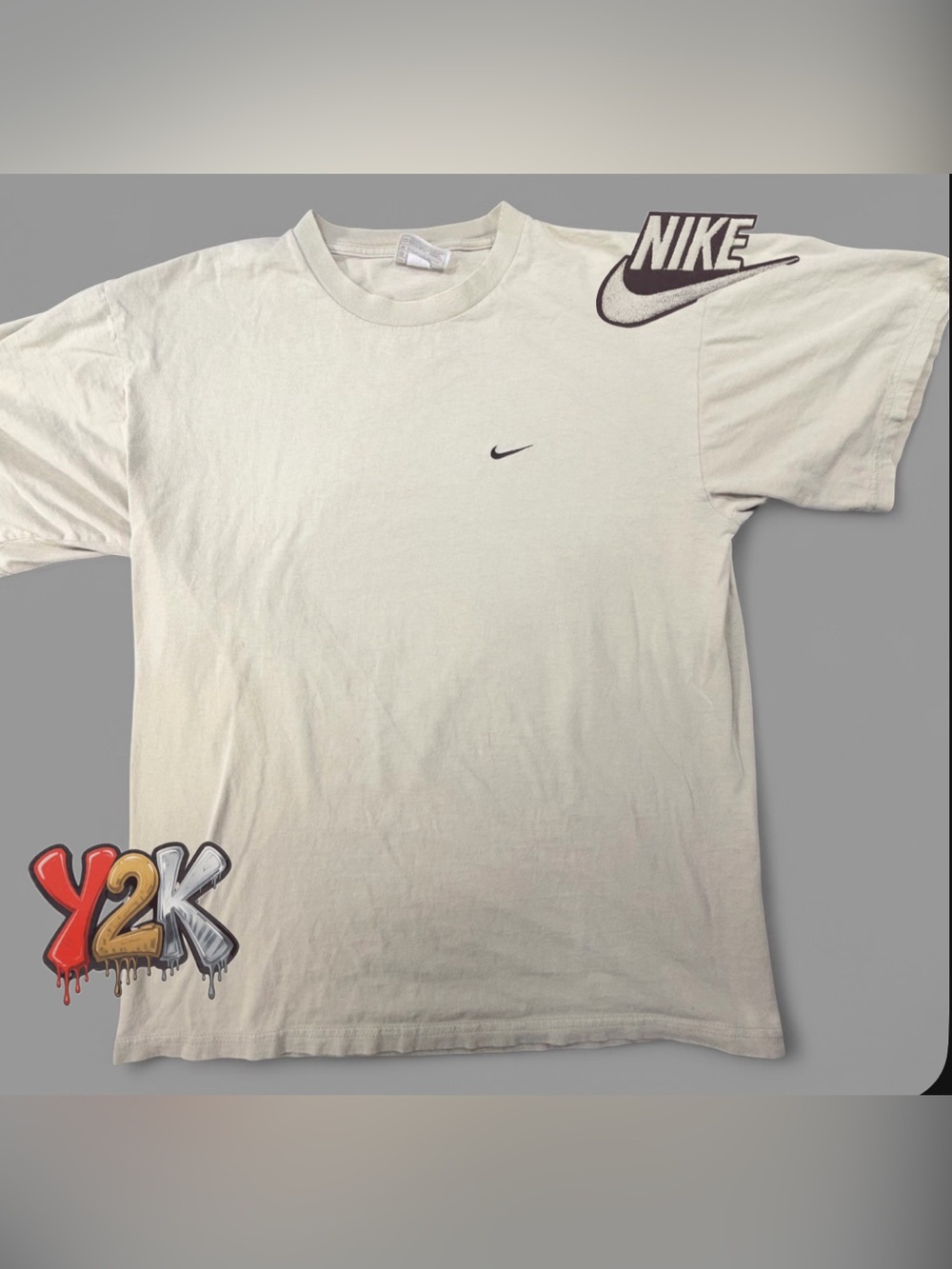 Nike T-Shirt Mens M Tan Beige Black Small Swoosh Embroidered Logo 20x25 Y2K